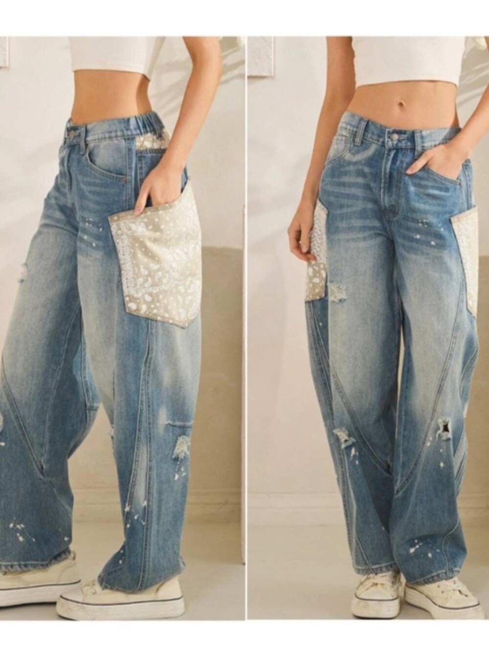 Oli & Hali Denim Stretch Waist Jeans Paisley Bandana XL Distressed Baggy Wide